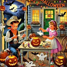 a boy and girl are carving pumpkins for halloween