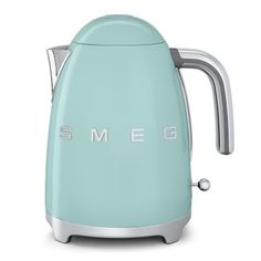 a blue toaster with the word smeg on it's front and side