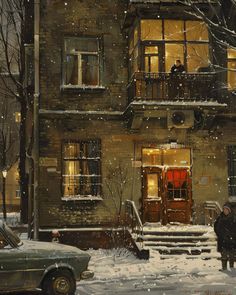 a painting of two people standing in front of a building with snow on the ground