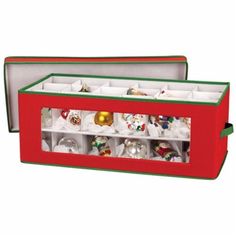 a red and green christmas storage box filled with ornaments