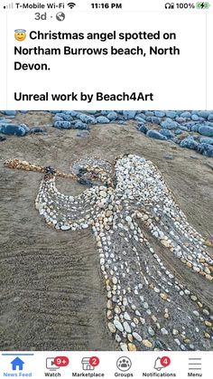 an image of a bird made out of rocks on the side of a hill with text that reads christmas angel spotted on north burwos beach, north devon