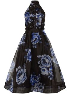 black/blue white silk chiffon floral print bow detailing halterneck tie fastening high neck cut-out detailing fitted waistline flared skirt straight hem full lining Circular Skirt, Skirt Straight, Rebecca Vallance, Silk Chiffon Dress, Halter Neck Dress, Chiffon Floral, Halter Midi Dress, Black Baby, Dress Flower