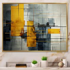 an abstract painting hangs on the wall above a fireplace mantel in a living room