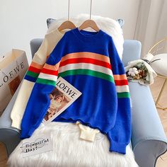 Style: commuting Size: one size Color: off white, blue, green Colour Block Sweater, College Sweater, Really Cute Outfits, Colour Block, Striped Sweater, Stripe Sweater, White Blue, Sweater Top, Blue Green