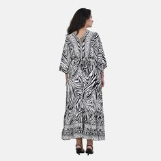 Buy Tamsy Neutral Zebra Mixed Print Elastic Waist Maxi Dress - One Size Fits Most at ShopLC. Bold Aesthetic, Maxi Dress For Women, Printed Dress, Mixing Prints, Dress For Women, V Neck Dress, Dress First, 21st Century, Timeless Style