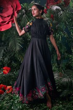 Black chanderi 3d floral applique and cutwork maxi dress with a ruched bodice and asymmetric hem. - Aza Fashions Work Maxi Dress, Skirt Set Outfit, Shantanu And Nikhil, Floral Work, Sari Dress, Maxi Dress For Women, Indian Clothing, Ruched Bodice, Floral Applique