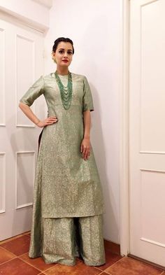 Dia Mirza in brocade kurta and sharara by Sanjay Garg. Brocade Punjabi Suit, Dhoti Salwar Suits, Dhoti Salwar, Suits Indian, Silk Kurti Designs, Sharara Designs, Dia Mirza, Sari Design