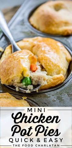 mini chicken pot pies in muffin tins with text overlay