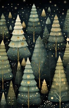 christmas trees with snowflakes and stars in the night sky