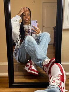 Red Low Dunks Outfit, White And Red Jordans Outfit, Varsity Red Jordan Outfit, Red And White Nike Dunks Outfit, Red Nikes Outfit, Outfits With Red Jordans 1s, Dunk Low Gym Red Outfit, White And Red Sneakers Outfit