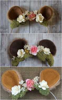 three different images of mouse ears with flowers on them and moss in the middle one