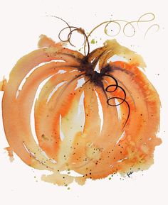 an orange pumpkin painted with watercolors on white paper and black ink, sitting in front of a white background