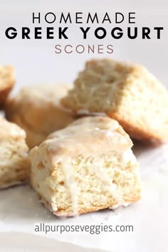 homemade greek yogurt scones on a white plate with text overlay that reads, homemade greek yogurt scones