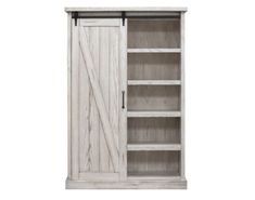 an open bookcase with sliding doors on the top and bottom, in whitewashed wood