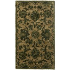 an area rug is shown in brown and green colors, with a floral design on the bottom