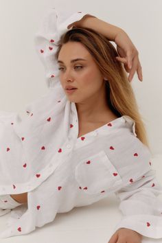 LOVE linen set of pyjamas comprising trousers with an elastic waistband and long sleeve shirt. The shirt closes with river shell buttons at the front. Made from 100% softened medium weight linen.  Give a cozy gift to your beloved woman ❤️. We present our exclusive pajamas LOVE - which we created for exclusive and brave women who seek and choose exclusivity, comfort and style. Congratulate not only your loved ones or loved ones, but also your best friends! Congratulate and cheer your sister, moth White Heart Print Sleepwear For Spring, Casual Heart Print Sleepwear For Loungewear, Cotton Summer Sleepwear With Heart Print, Cotton Sleepwear Set With Heart Print, Valentine's Day Heart Print Sleepwear, Linen Sleepwear, White Pajamas, Set Love, Linen Pajamas