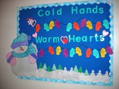 a cold hands sign on the wall in a child's room with snowmen and hearts