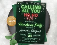 a green christmas party flyer on top of a plate