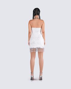 Jocelyn White Sequin Mini Dress – FINESSE Beaded Fringe Trim, Black Off Shoulder Top, Bodycon Style, Black Off Shoulder, Mini Sweater Dress, Bodycon Fashion, White Jersey, Sequin Mini, Sequin Fabric