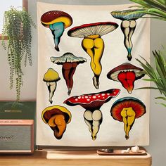 a tapestry with different types of mushrooms on it