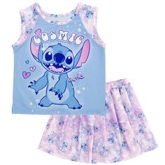 Get ready for a day filled with Disney magic in this cute Disney tennis outfit! This stylish sleeveless shirt and skort set features a cute pleated design, convenient pockets on the shorts that can hold a phone, and vibrant artwork of your little girl's favorite Disney characters! Choose from fun artwork of Minnie Mouse playing tennis with the words "Love Minnie," or Stitch with a cool galaxy space design and the words "Cosmic Cutie." Made of a soft 4-way stretch fabric for all day comfort, this Fitted Cartoon Print Sets For Playwear, Casual Sleeveless Sleepover Sets, Cute Sets With Character Print For Playwear, Cute Character Print Playwear Sets, Cute Playwear Sets With Character Print, Cute Sleepover Sets With Character Print, Playful Sleeveless Cotton Sleepwear, Cute Cartoon Print Playwear Sets, Playful Fitted Sets With Character Print