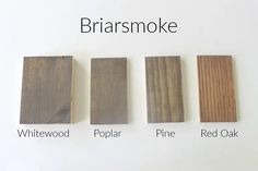 four different types of wood that are labeled in the same color and shape, including whitewood, pine, red oak