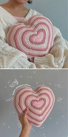 a woman holding a crocheted heart pillow in her hands, and another photo of the