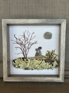 a white frame with some plants and rocks in it