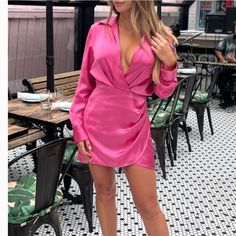 Size Small Chic Fall Satin Dress For Date Night, Chic Satin Dress For Fall Date Night, Fitted V-neck Shirt Dress For Party, Elegant Pink V-neck Shirt Dress, Elegant Pink V-neck Dress For Brunch, Chic Mini Satin Dress For Fall, Chic Satin Mini Dress For Fall, Chic Mini Length Satin Dress For Fall, Chic V-neck Satin Dress For Spring