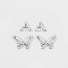 Lend a striking appeal to your outfits with these Sterling Silver Cubic Zirconia Butterfly Stud Earrings from A New Day™. This cubic zirconia stud earrings set includes one in triangle shape and another with butterfly shape to add sweet style to your ensembles. Easy to secure with the postback closure, these silver earrings are nickel free to suit sensitive skin. Gender: female. Age Group: adult. Stud Earring Set, Freshman Homecoming, Butterfly Stud Earrings, Butterfly Earrings Stud, Nickel Free Earrings, Butterfly Shape, Small Earrings, Butterfly Earrings, Stud Earrings Set