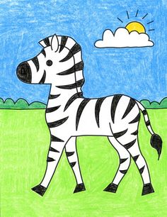 a child's drawing of a zebra in a field with the sun behind it