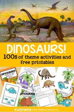 an image of dinosaurs and other animals with the title, dinosaurs 100s of theme activities and free printables