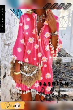 Women Boho Holiday Floral Tassel Sweet V Neck A-lined Mini Summer Dresses Spring Bohemian A-line Mini Dress, Spring Vacation Knee-length Boho Dress, Casual Pink Boho Dress For Vacation, Pink Knee-length Dress For Beach Season, Spring Beach Printed Mini Dress, Pink Casual Boho Beach Dress, Pink Casual Boho Dress For Beach Season, Casual Pink Boho Beach Dress, Pink Casual Boho Dress For Beach