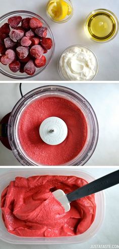 the process to make strawberry jello is shown in three different stages, including mixing and blending