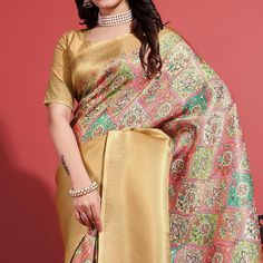 Gold colored saree is made from banarasi silk fabric which is highlighted with beautiful weaving work as shown. comes along unstitched banarasi silk blouse piece which you can customise as per your design/style. Occasion - You can wear this saree for festivals, functions and ideal for any fashionista. Note:- the actual product may differ slightly in color and design from the one illustrated in the images when compared with computer or mobile screen. Measurements: Saree : Banarasi Silk : 5.5 Mtrs Saree Banarasi, Banarasi Silk Saree, Mobile Screen, Gold Floral, Blouse Piece, Surprise Gifts, Design Style, Silk Blouse, Silk Fabric