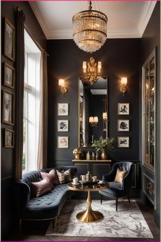 a living room filled with furniture and a chandelier