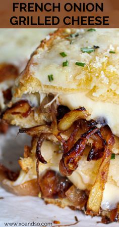 the french onion grilled cheese sandwich is stacked on top of each other with melted cheese and onions