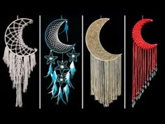 four different types of dream catchers hanging from the ceiling in front of a black background