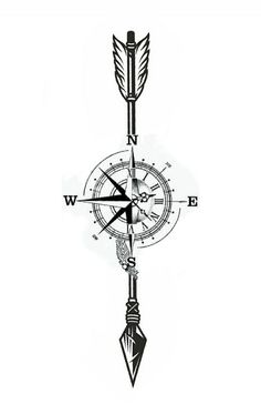 a black and white drawing of a compass with arrows on the front, an arrow in the back