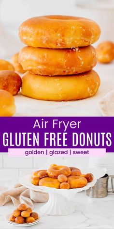 an air fryer with gluten free donuts stacked on top of each other