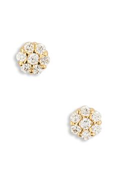 A total of 14 diamonds clusters in floral formation on these dainty, handcrafted stud earrings. 1/8" diameter Total diamond weight: 0.13ct. Color: G Clarity: VS Post back 18k gold/diamond Imported >Diamond Guide Anniversary Cubic Zirconia Cluster Earrings, White Gold Diamond Cluster Earrings, Formal Cluster Earrings With Diamond Accents, Diamond White Cluster Earrings With Brilliant Cut, Fine Jewelry Cluster Earrings With Pave Setting, Brilliant Cut Diamond White Cluster Earrings, Yellow Gold Cubic Zirconia Cluster Earrings With Pave Setting, Anniversary Cluster Earrings With Prong Setting, Diamond Cluster Earrings With Diamond Accents