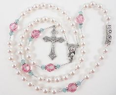 Swarovski Rosary in Pink and Green by RosaryGardenCathy on Etsy Handmade Pink Rosary For First Communion, Handmade Pink Rosary For Baptism, Handmade Pink Jewelry For Baptism, Catholic Baptism, Personalized Rosary, Rosary Gift, Pearl Rosary, 1st Communion, First Communion Gifts