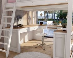 a loft bed with desk underneath it and ladder to the upper level, in front of a pool