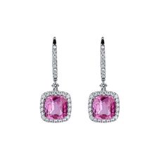 Amazing 18K white gold huggie earrings featuring drops of pink sapphire gemstones in diamond halos. Two sapphire gemstones measure to a total carat weight of 7.29 carats. The diamonds that align this gemstone measure to a total carat weight of 0.91 carats finely crafted in white gold. Pink Diamond Earrings With Accents, Formal Pink Diamond Earrings, Pink Diamond Earrings With Diamond Accents, Pink Halo Setting Fine Jewelry Earrings, Fine Jewelry Pink Earrings With Halo Setting, Pink Halo Design Fine Jewelry Earrings, Pink Halo Earrings Fine Jewelry, Pink Diamond Earrings For Formal Occasions, Pink Earrings With Halo Design Fine Jewelry