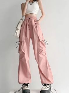 Color: Pink, Size: S Pink Parachute Pants Outfit, Pink Parachute Pants, 90s Grunge Style, Y2k Grunge Outfits, Parachute Cargo Pants, Cargo Pants For Women, Summer Outfits Y2k, Parachute Cargo, 90s Fashion Grunge