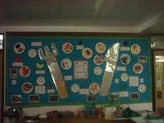 a bulletin board with utensils hanging on it's side and pictures all over the wall