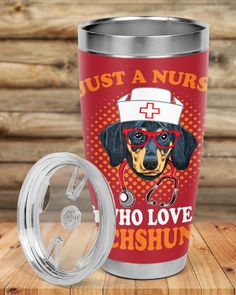 a stainless steel tumbler with a dog wearing a nurse's hat and glasses