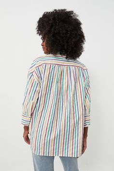 The perfect work shirt (whether you're at home or in the office) — the Adair Top is an updated take on your go-to button down, in a fresh and fun rainbow striped colorway. Finished with three-quarter length sleeves and a relaxed fit, you'll never want to take it off. Wear it on its own or under a sweater for a preppy-chic look, perfect for desk to drinks, you'll wear this style all year long! Collared neckline Three-quarter length sleeves with button cuffs Button down front placket High-low hem Al Fresco Dinner, Preppy Chic, Plus And Minus, Boyfriend Shirt, Work Shirt, Work Shirts, Rainbow Stripes, High Low Hem, Three Quarter