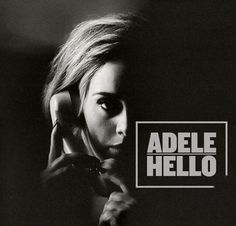 a black and white photo of a woman talking on a cell phone with the words adele hello in front of her