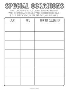 a printable event sign up sheet with the words, special occasions and how you celebrate